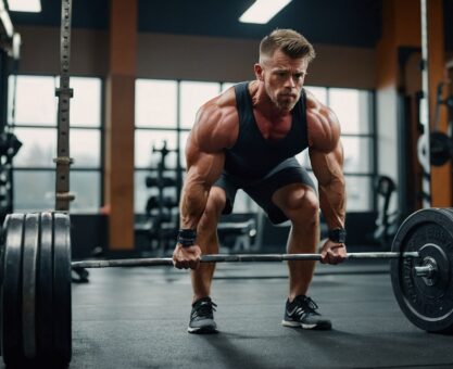 A muscular male performing a deadlift exercise