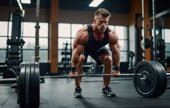 A muscular male performing a deadlift exercise