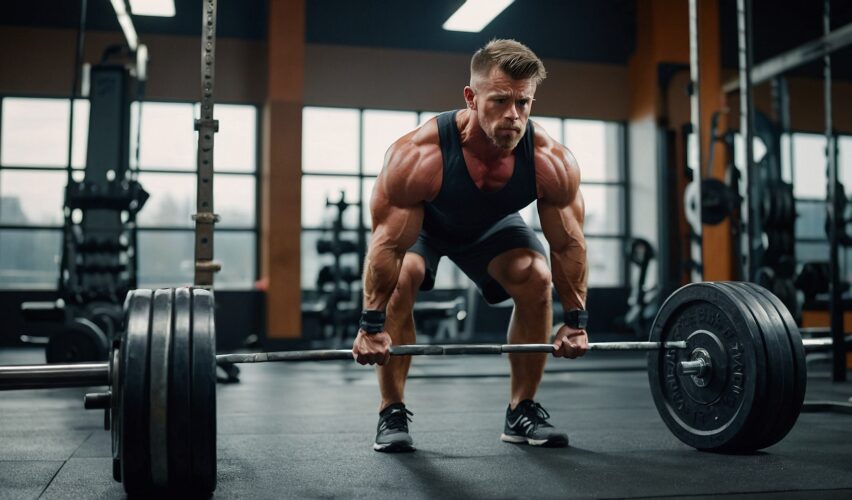 A muscular male performing a deadlift exercise